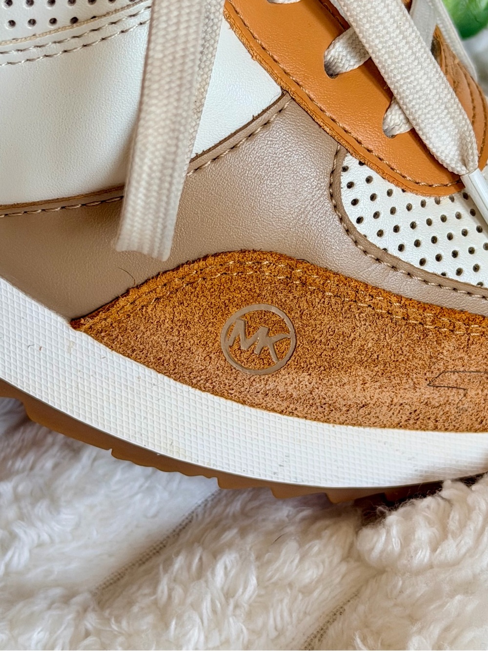 Michael Kors Women's Cream and Tan Leather Perforated Lace-Up Sneakers - Picture 3 of 7